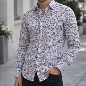Zara White Shirt with Red Floral Print - Casual Button-Down slim fit
